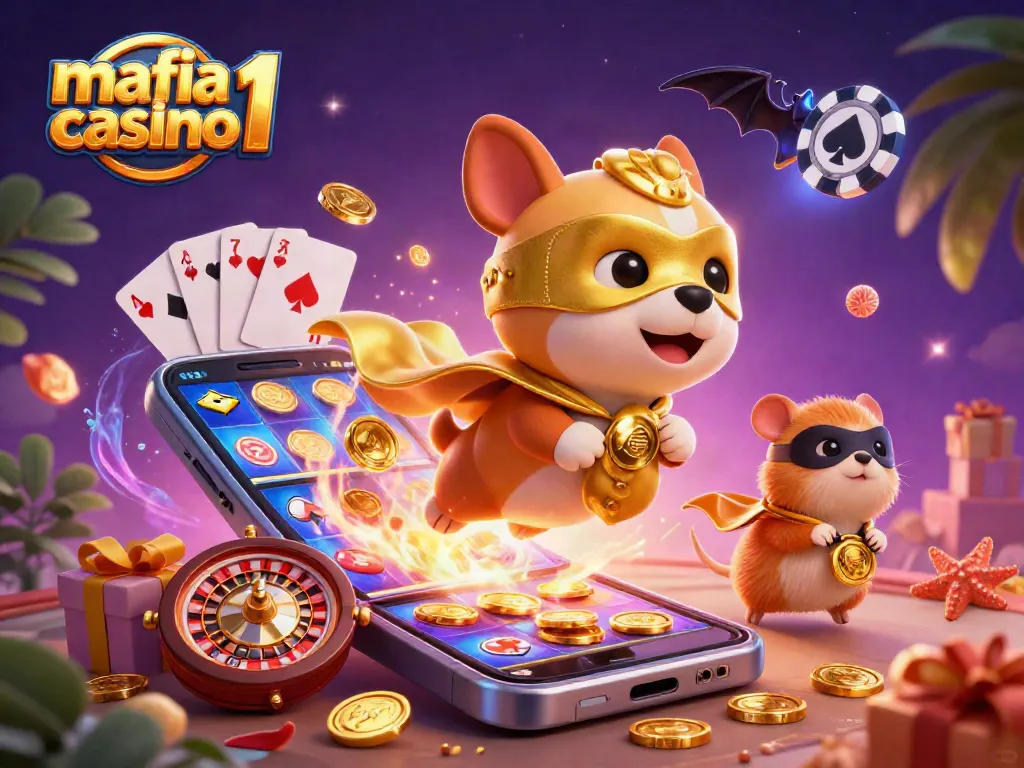 Experience the excitement of mafia casino 1 with this vibrant 3D illustration featuring a superhero dog and dynamic gaming elements.