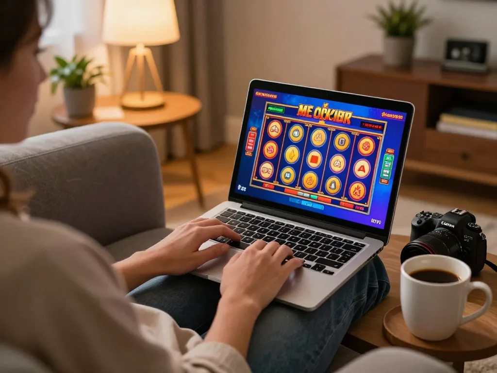 Gamer enjoying xx 88 slot games on a laptop in a cozy home environment.