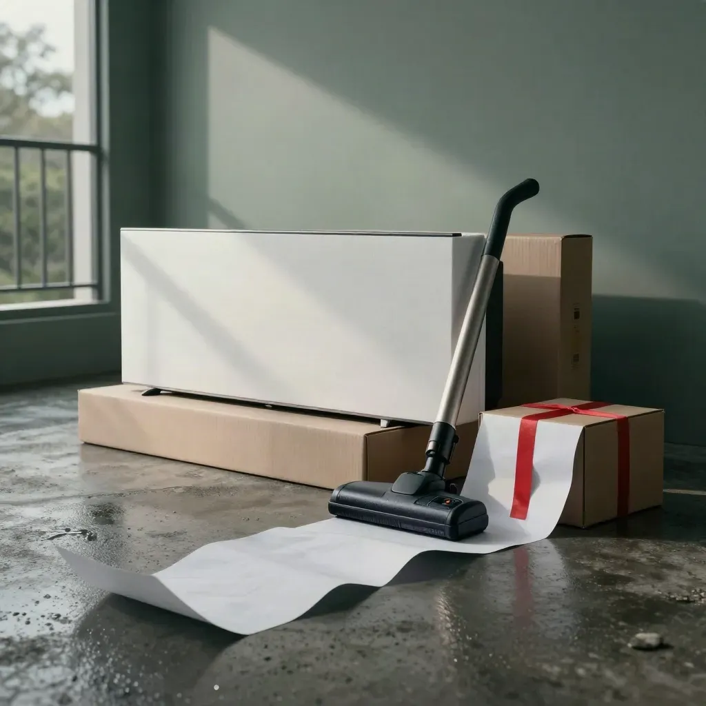 TV, laptop, aspirapolvere e cartone elettrodomestico dopo il temporale su pavimento scuro