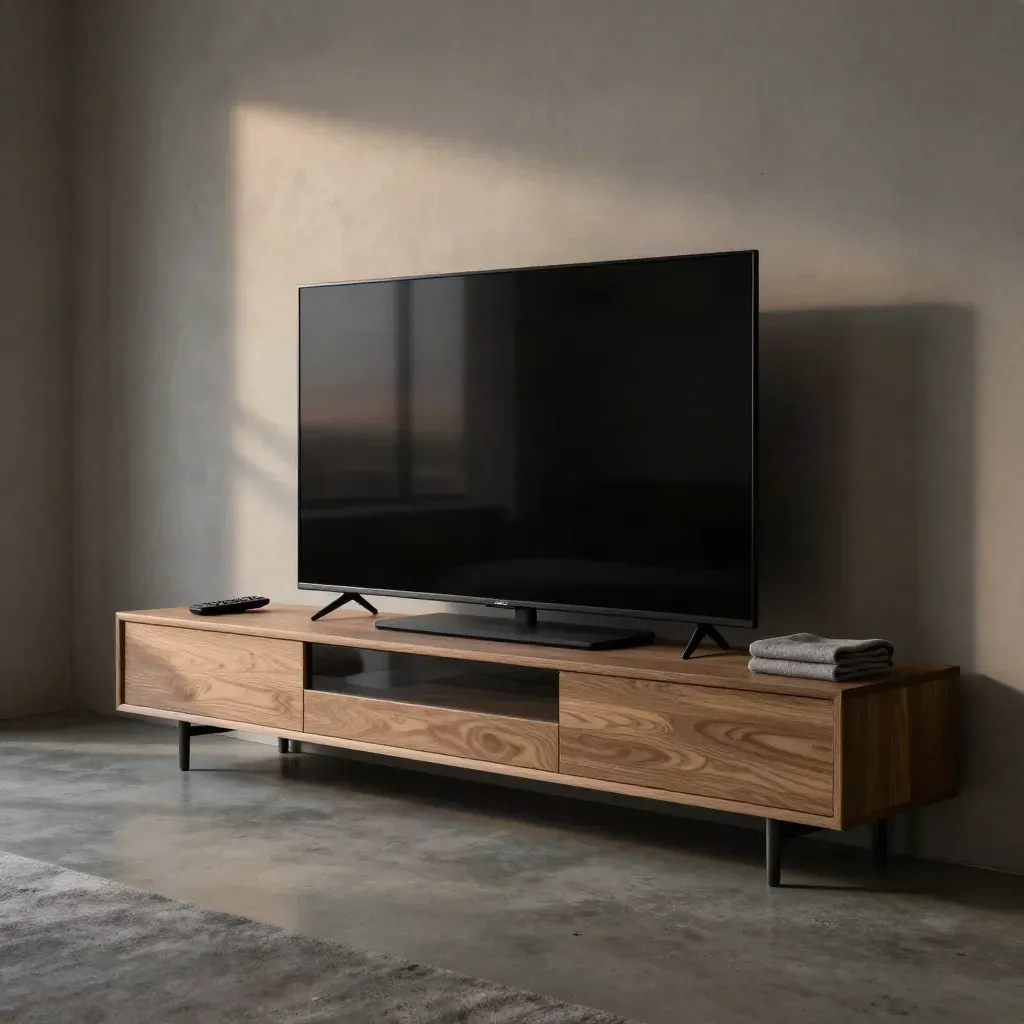 TV grande in salotto con soundbar, telecomando e plaid piegato alla luce del tramonto