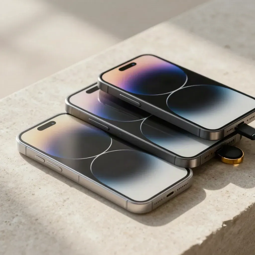 Tre smartphone sovrapposti su pietra chiara, uno schermo si accende e gli altri restano spenti.