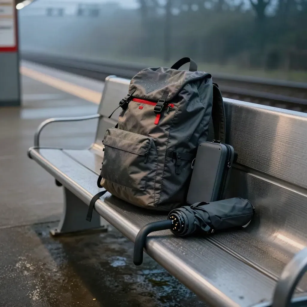 Zaino, borsa compatta, ombrello e power bank su una panchina di stazione al blu della sera.