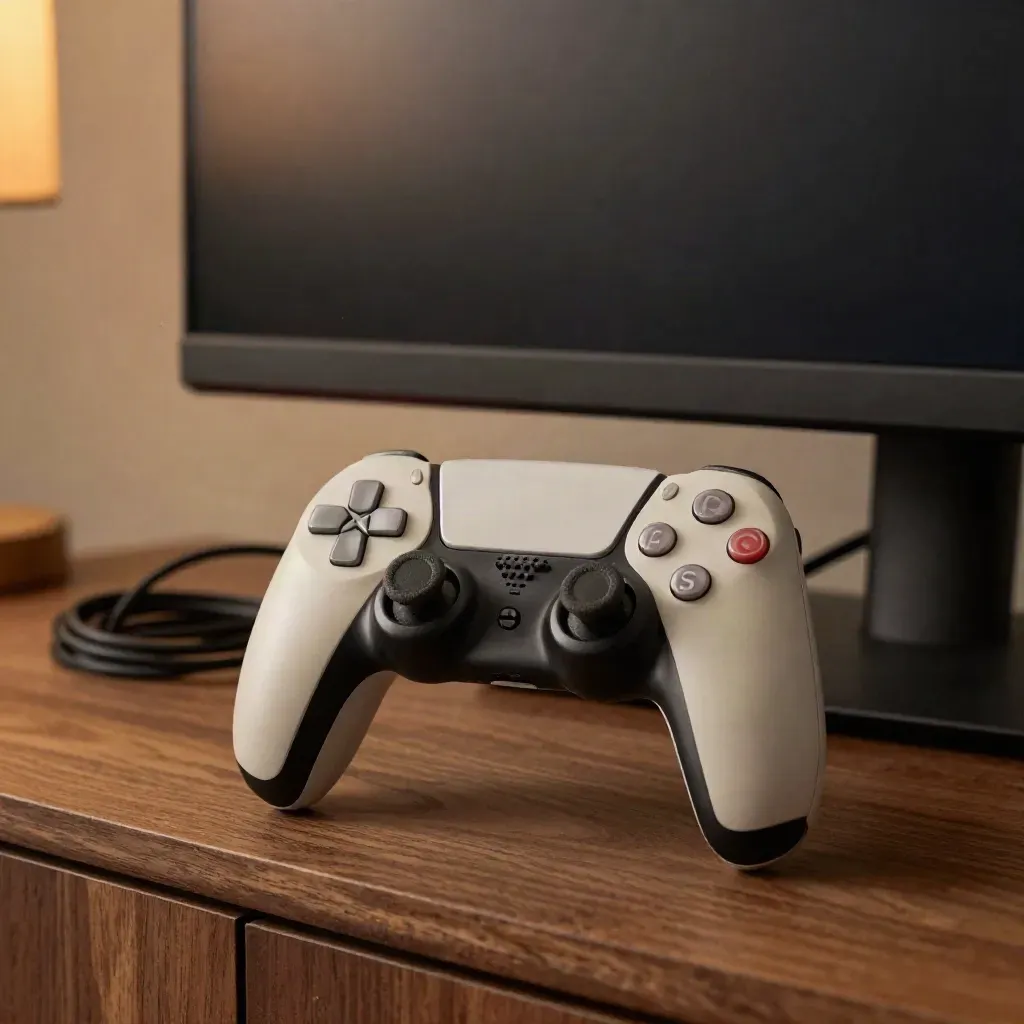 Console e controller spenti su mobile in legno, con monitor sullo sfondo e luce calda.