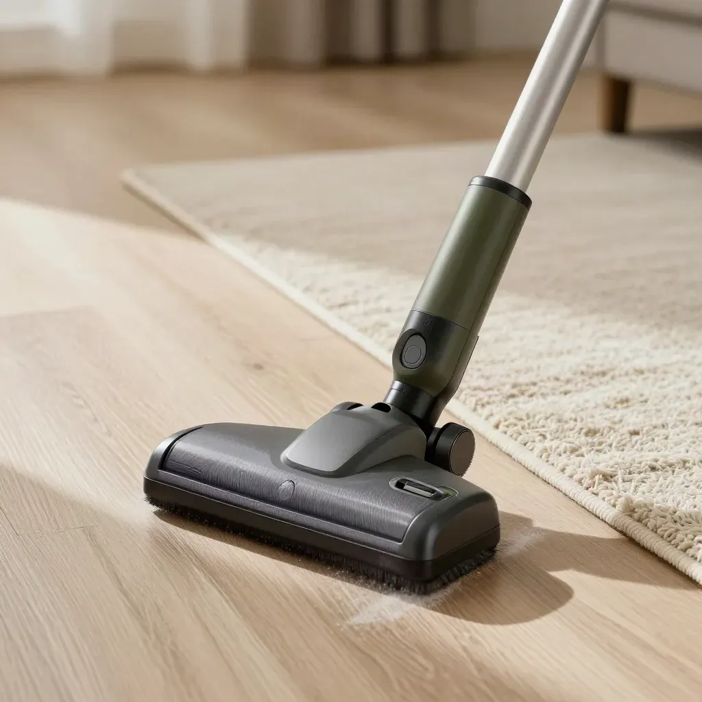 Aspirapolvere senza fili su parquet chiaro, bordo del tappeto pulito e polvere nell’aria.