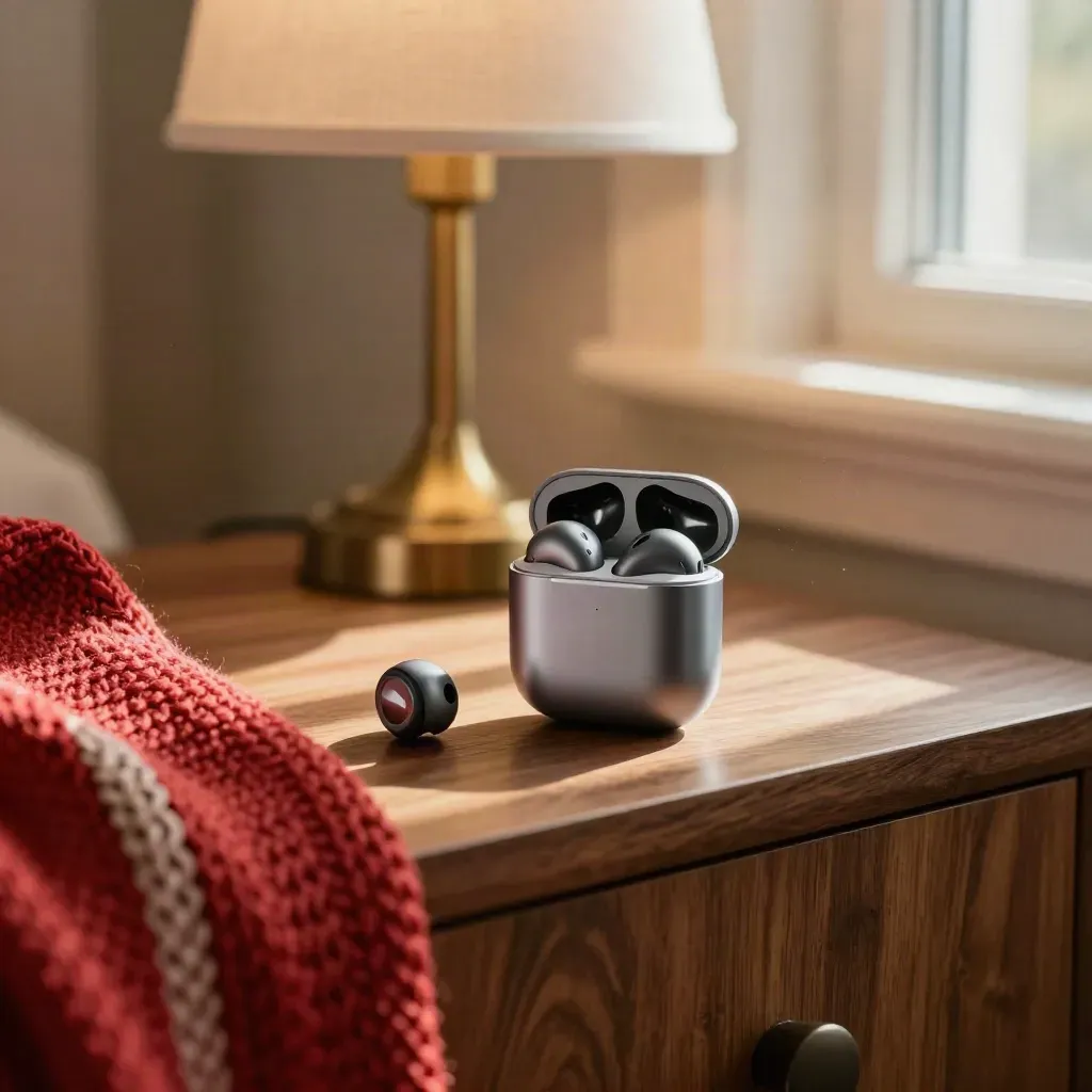 Auricolari wireless con case di ricarica e plaid a maglia su un comodino, luce calda