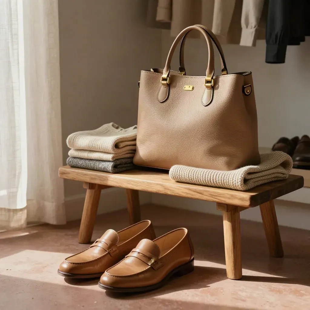 Scarpe, borsa e maglia su uno sgabello, pronti per una partenza mattutina.