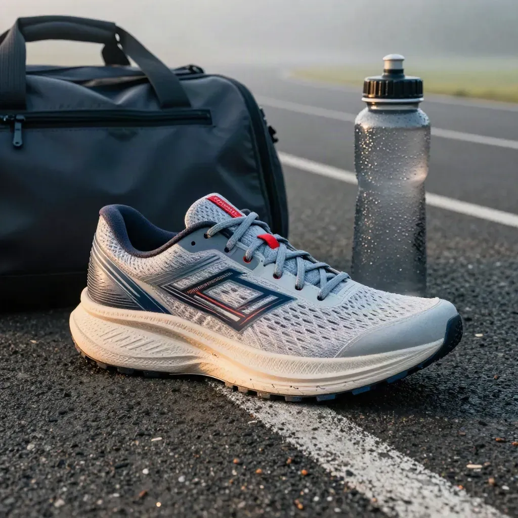 Scarpe da corsa, giacca tecnica, borsa palestra e borraccia sul bordo della pista all’alba