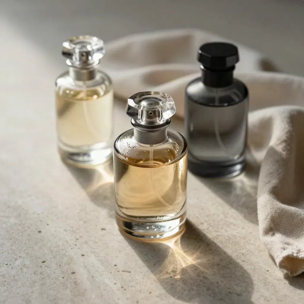 Tre flaconi di profumo su travertino con panno di lino, luce calda e riflessi soffusi.