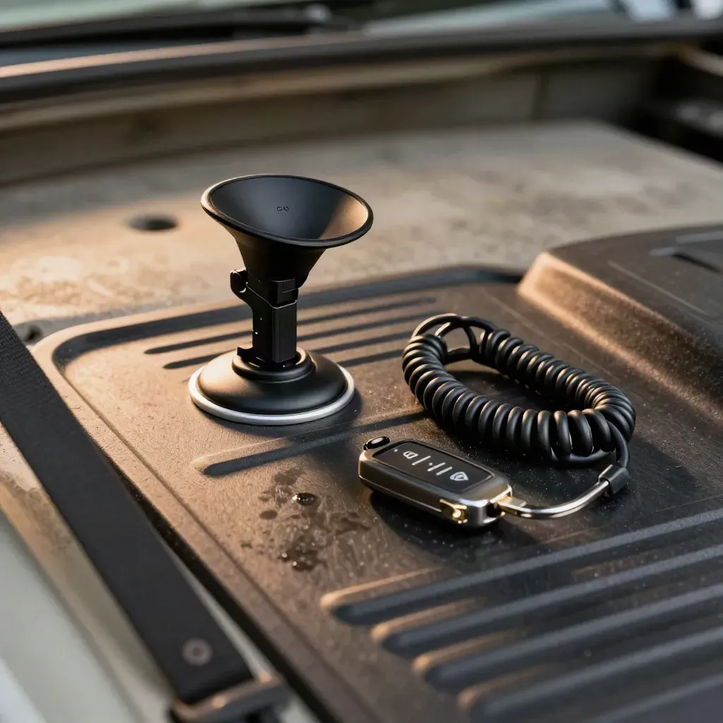 Nel bagagliaio, accessori auto installati: supporto dash cam, porta telefono, cavo e chiave.