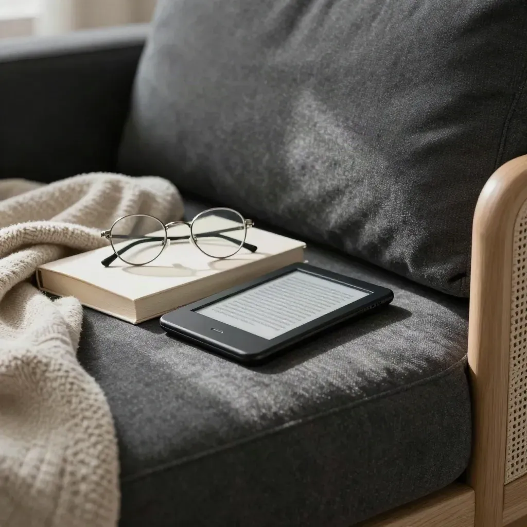 E-reader, occhiali e romanzo piegato su un bracciolo di divano, luce serale morbida.
