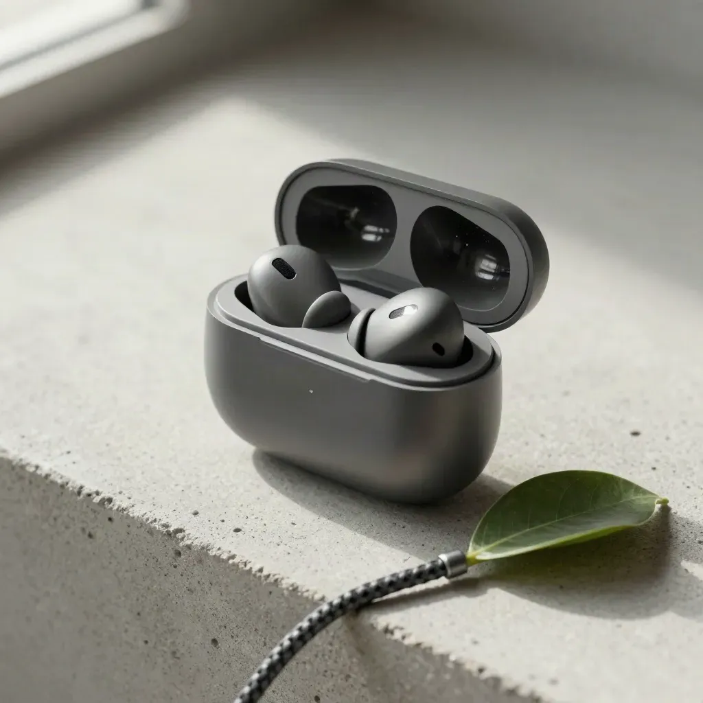 Auricolari wireless in custodia aperta con cavo intrecciato e foglia su cemento chiaro.