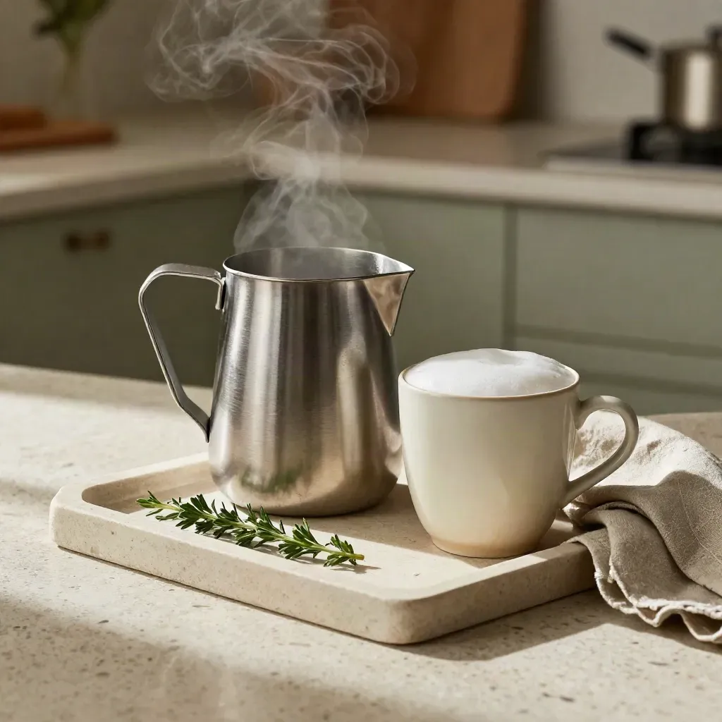Frother in acciaio, tazza in ceramica, lino piegato ed erba aromatica su vassoio di pietra.