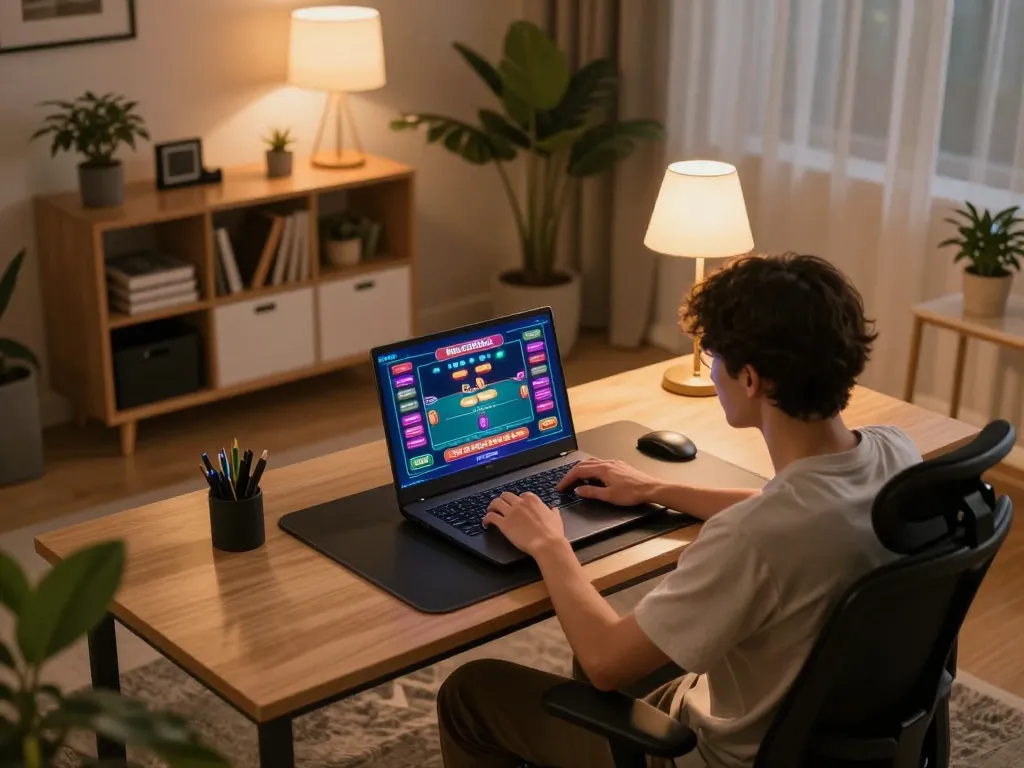 Engaging in live dealer games on https://sx88.bio/ with a laptop in a cozy home setting.