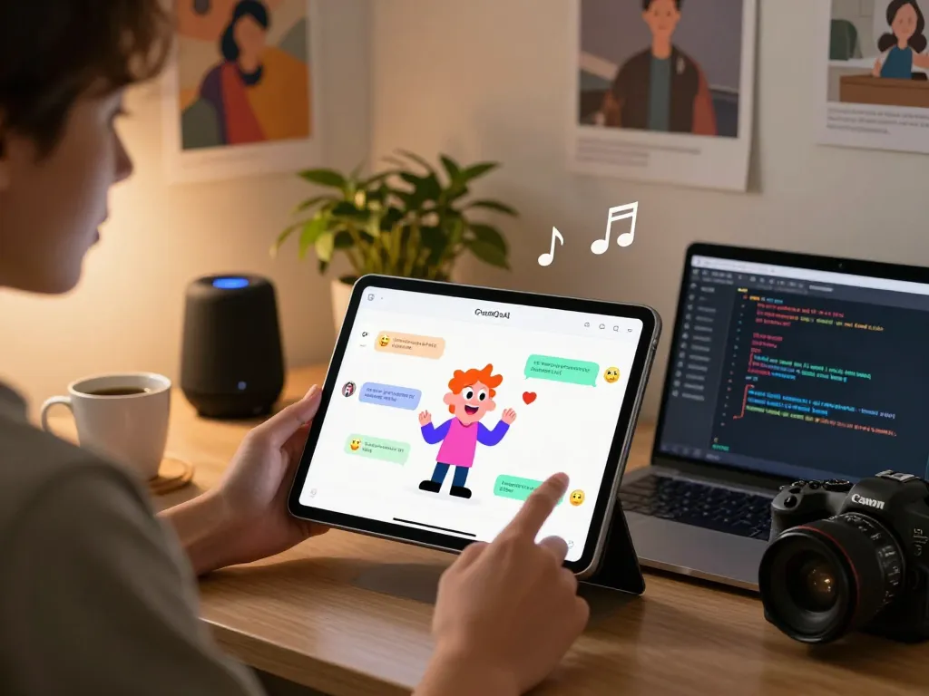 Engaging conversation with animated character using CrushOnAI in a cozy home workspace