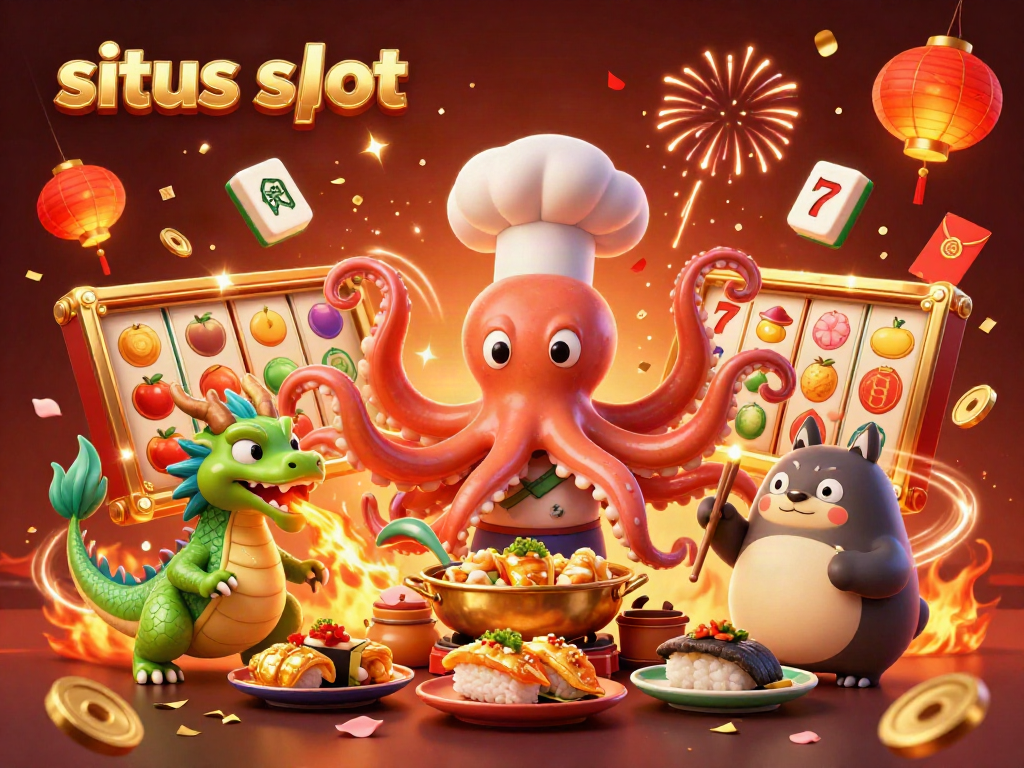 Experience the excitement of situs slot with a vibrant 3D rendering of a sushi chef octopus, dragon, and tanuki amidst dynamic slot game elements.