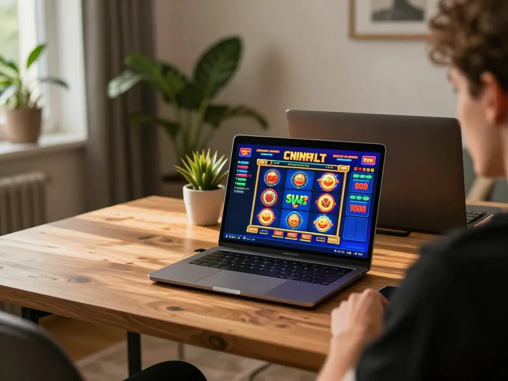 68win player engaging with a vibrant online slot game on a cozy home setup, showcasing responsible gaming environment.
