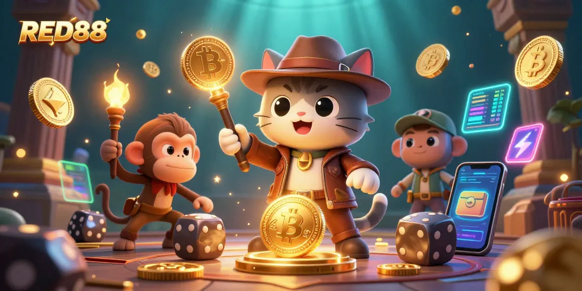 Experience thrilling gameplay at RED88 with a vibrant casino theme and characters immersed in golden treasures.