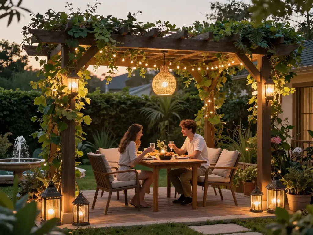 Pergola elegante con illuminazione integrata che mostra la gestione contenuti pergole (CMS) per il design esterno.