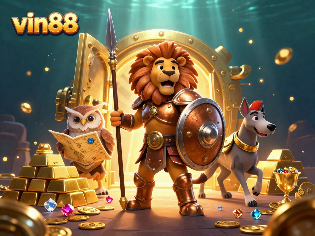 Engage with vin88's thrilling casino adventure featuring a Spartan lion, an owl strategist, and a greyhound messenger amidst dazzling treasures.