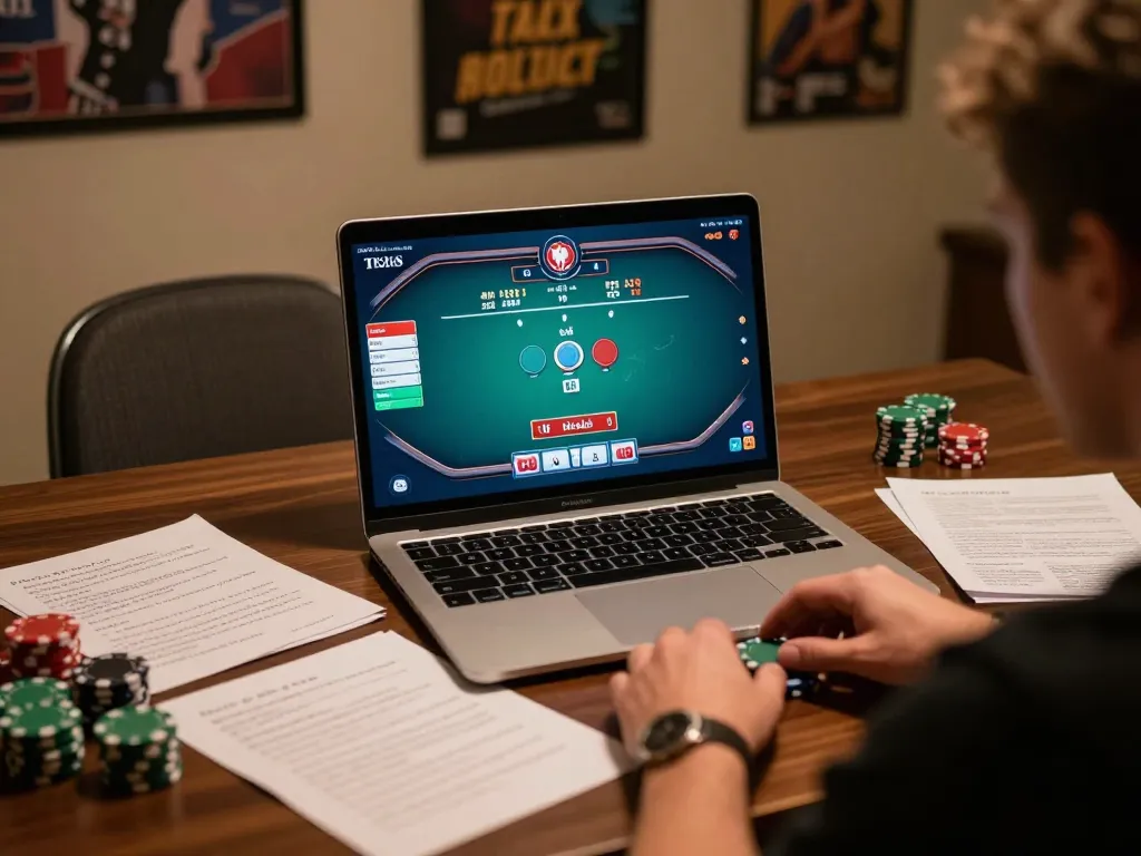 Engaged player strategizing with MM88 COM poker gameplay on laptop, attentive to betting notes