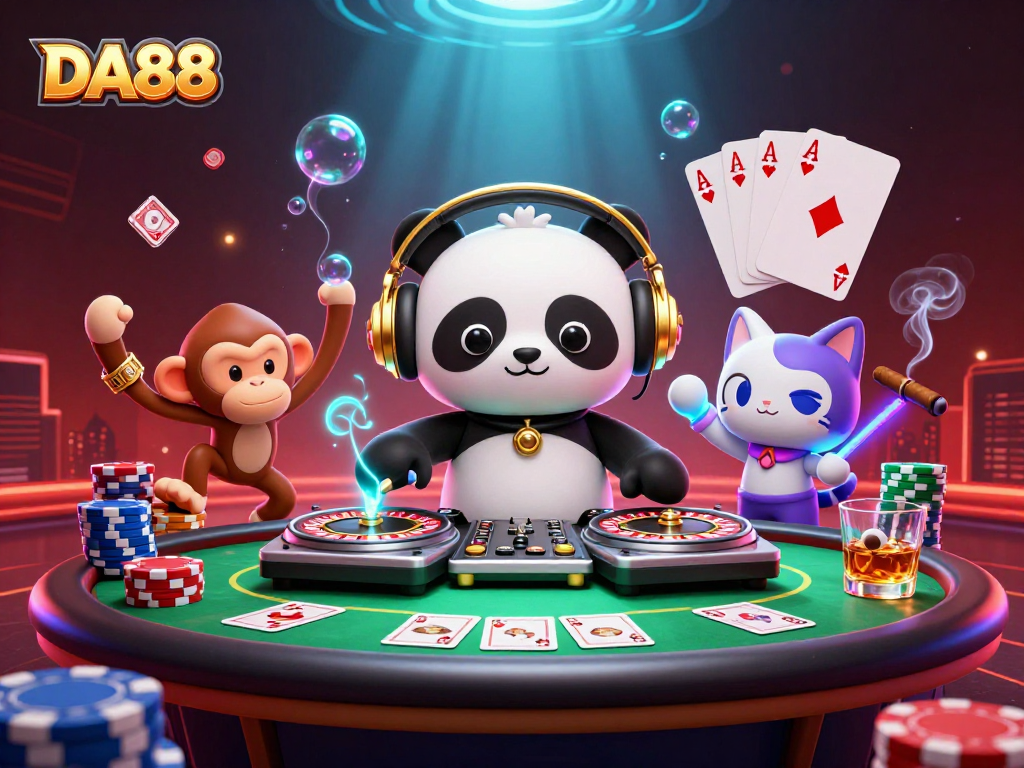 DA88 showcases a vibrant casino scene with cartoon characters enjoying poker and dance.