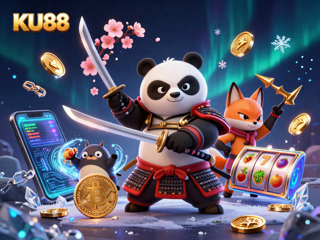 Engage with KU88's vibrant 3D illustrated casino scene featuring samurai panda, ninja fox, and magical tanuki.