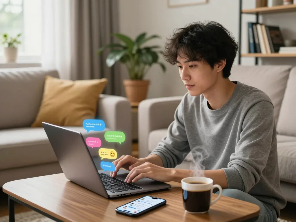 Engaging in sex ai chat on a laptop in a cozy living room with colorful animated chat bubbles.