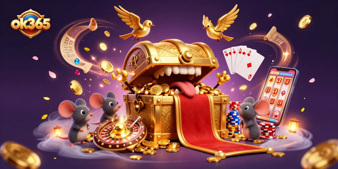 Win fantastic rewards at ok365 with this vibrant 3D casino-themed illustration featuring exciting games.