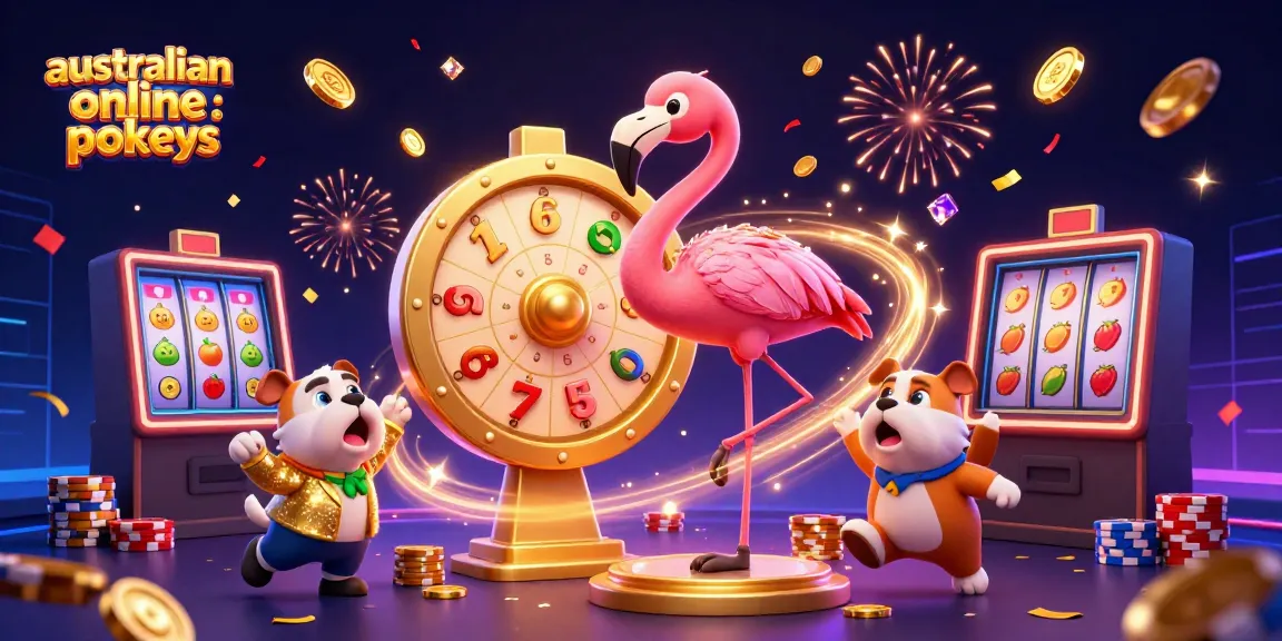 A vibrant illustration of australian online pokies with a flamingo host, bulldog contestant, and cat assistant, showcasing dynamic casino elements.