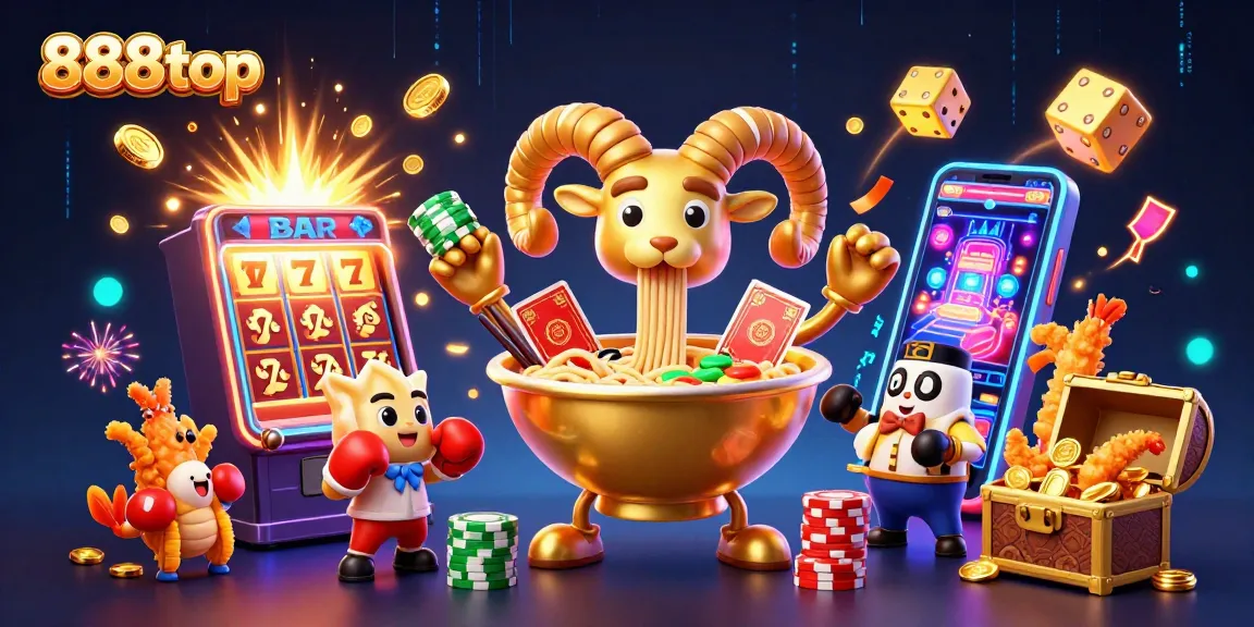 Engage in excitement with 888top's vibrant casino scene featuring golden ramen bowl and thrilling action.
