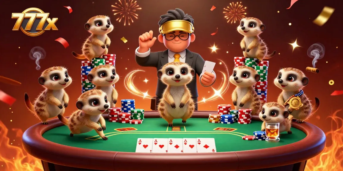 Immerse yourself in the vibrant 777x poker scene with playful meerkats and dynamic elements.