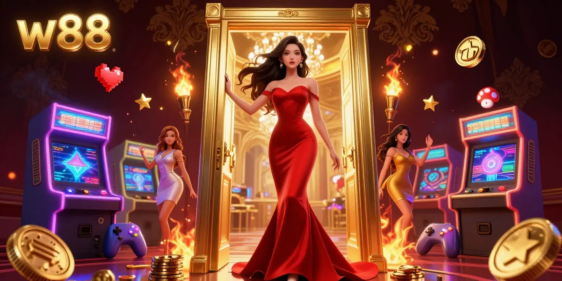 Catch thrilling gameplay at w88, where a vibrant Asian woman invites you to a luxury casino experience.