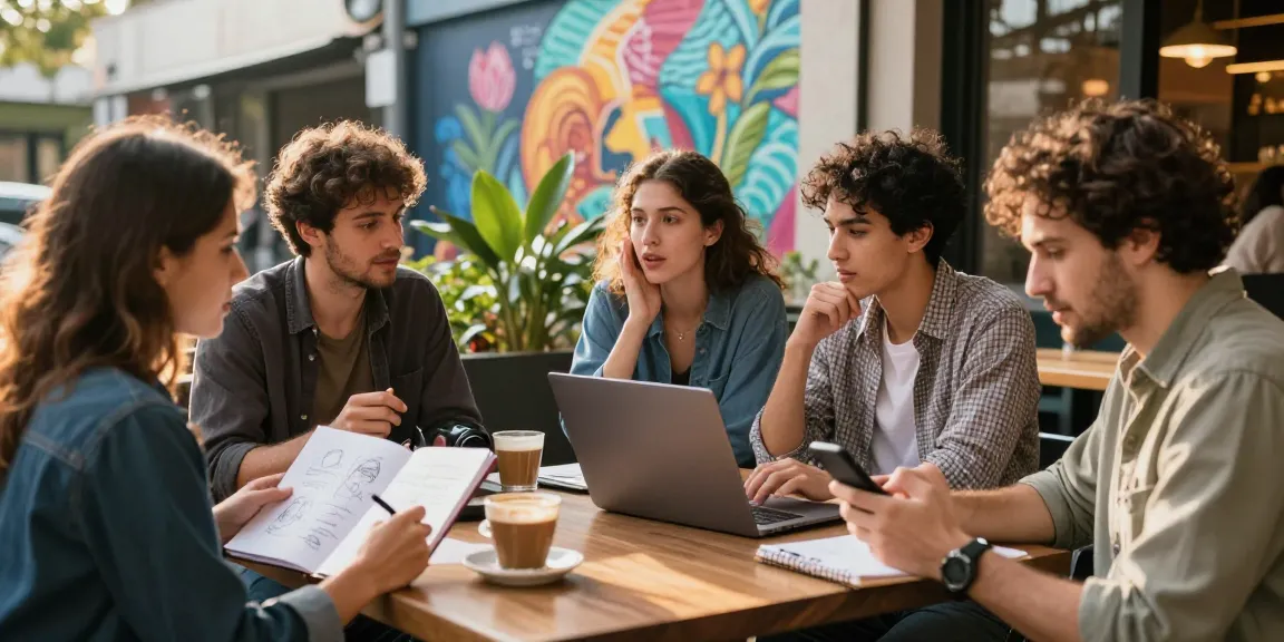 Innovative entrepreneurs collaborating in an urban café setting, embodying the spirit of rokok88 rtp and personal hustle.
