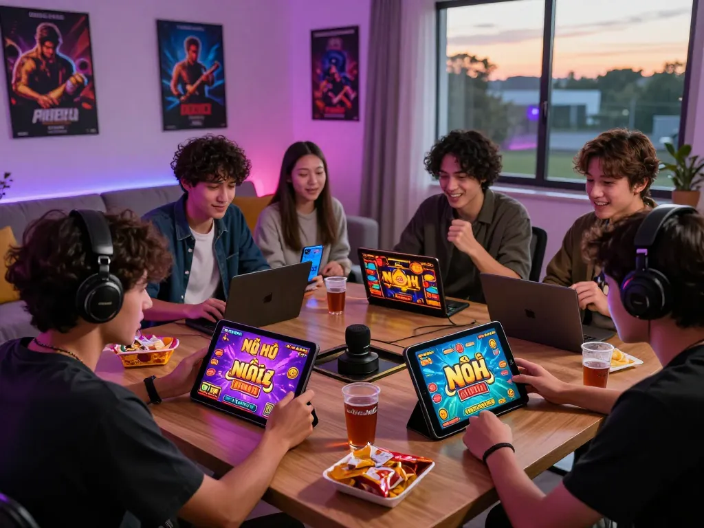 Nổ Hũ Uy Tín players enjoying big wins on various devices in a vibrant gaming environment.