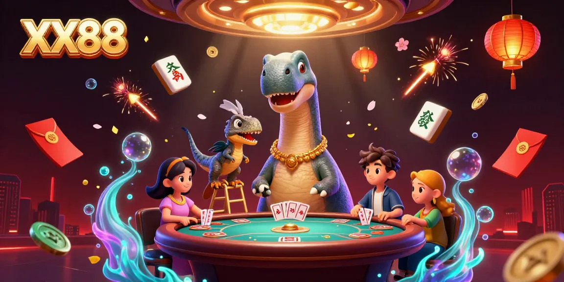 Experience thrilling gameplay at XX88 with a whimsical scene of a dinosaur and dealer interacting at a poker table.