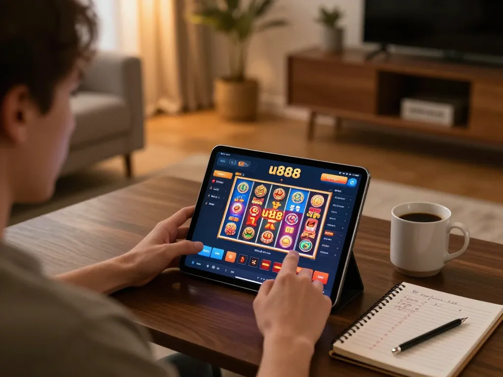 Engaging with the u888 casino app on tablet, showcasing responsible online gaming at home