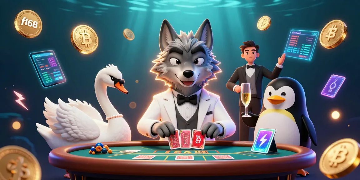 Experience thrilling gaming at f168 with a debonair wolf and elegant dealer in a vibrant 3D casino.