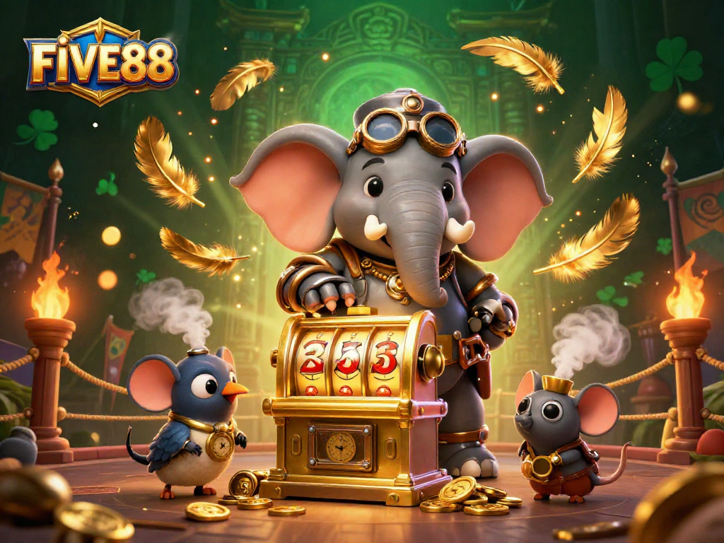 Experience the thrilling FIVE88 slots action with a steampunk elephant and dynamic casino atmosphere.