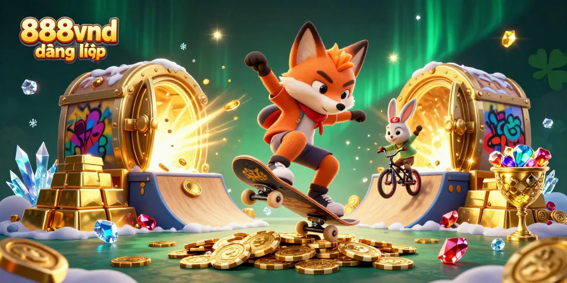 Engage with 888vnd đăng nhập featuring a skateboarder fox and BMX rabbit in a vibrant casino scene.