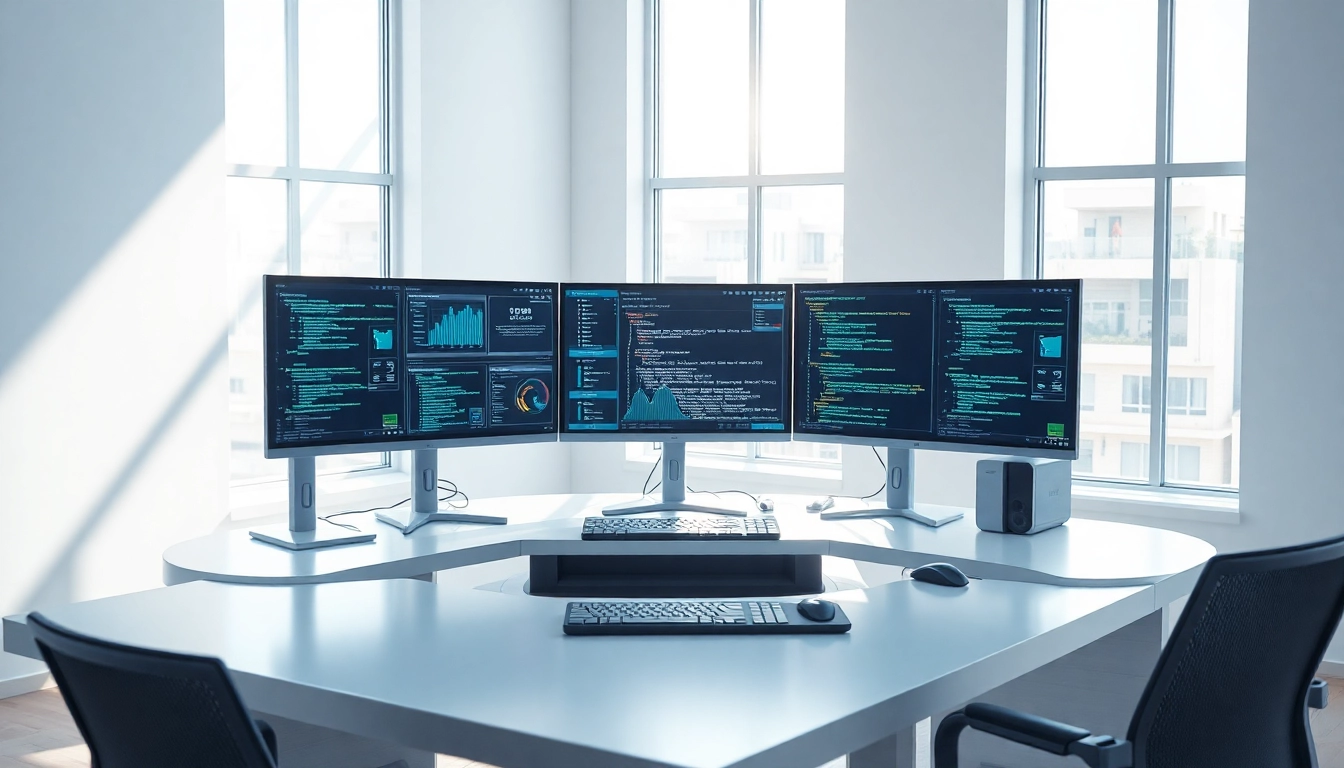 View of advanced AI Software tools on multiple screens in a modern workspace.