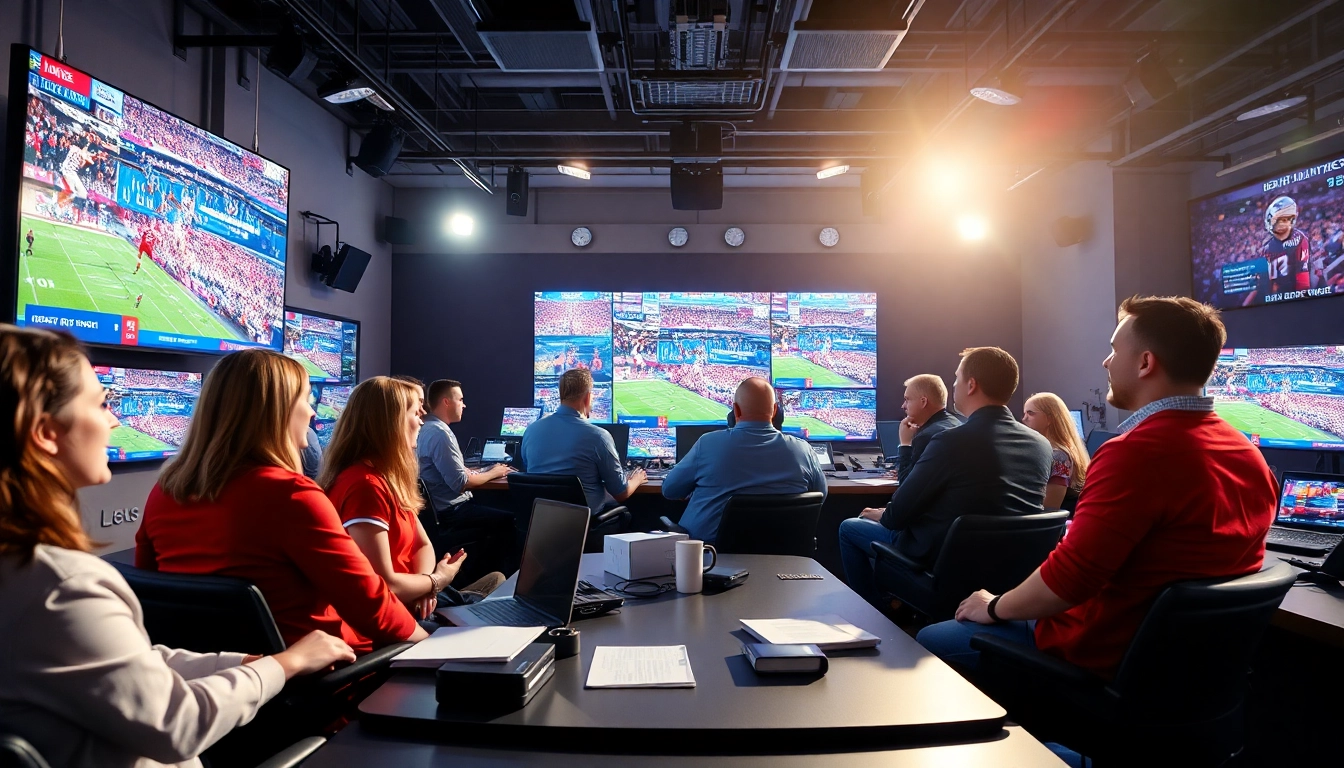Dynamic scene of sports broadcasting featuring team discussions and live events on screens.