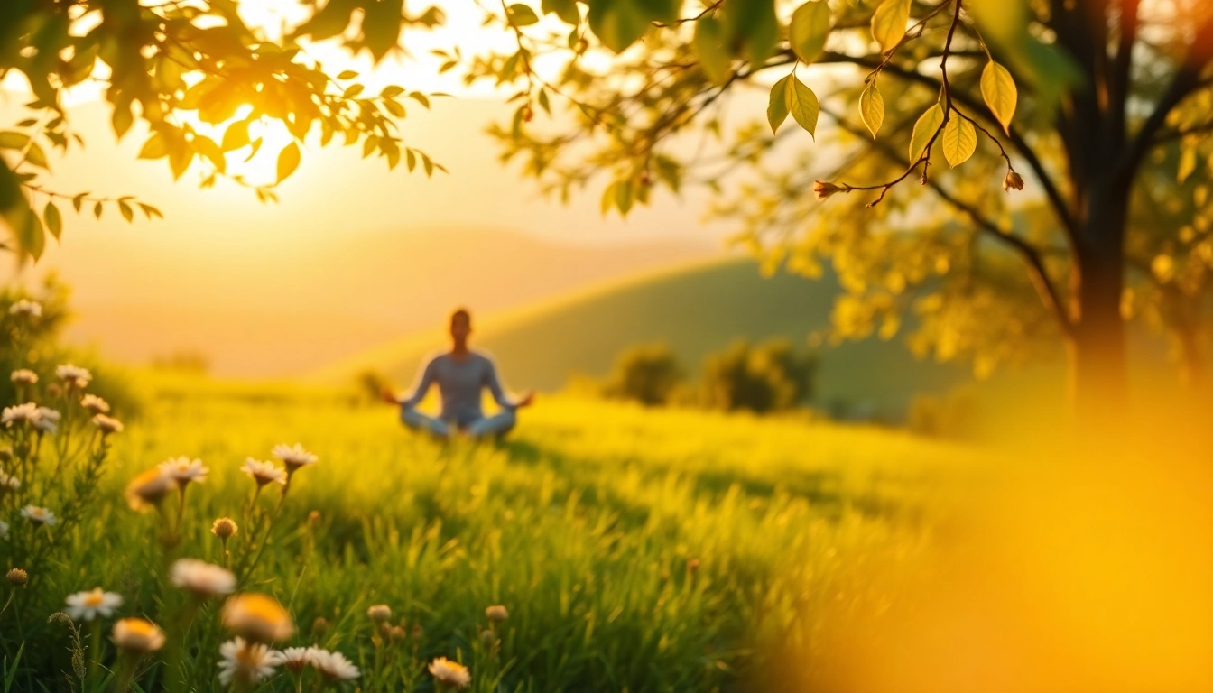 A person meditating outdoors, symbolizing stress and anxiety relief through nature's tranquillity.