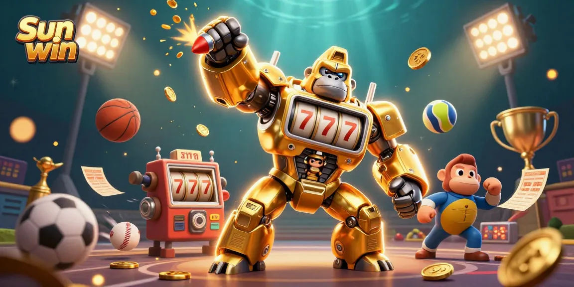 Engage with Sun win's dynamic gaming world featuring a golden gorilla mech and thrilling sports action.