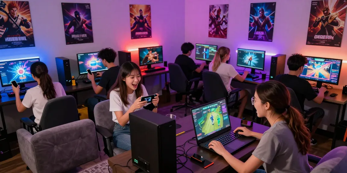 Komunitas gaming online MEGAWIN88 yang penuh semangat dengan pemain berdiskusi dan bersorak saat bermain.
